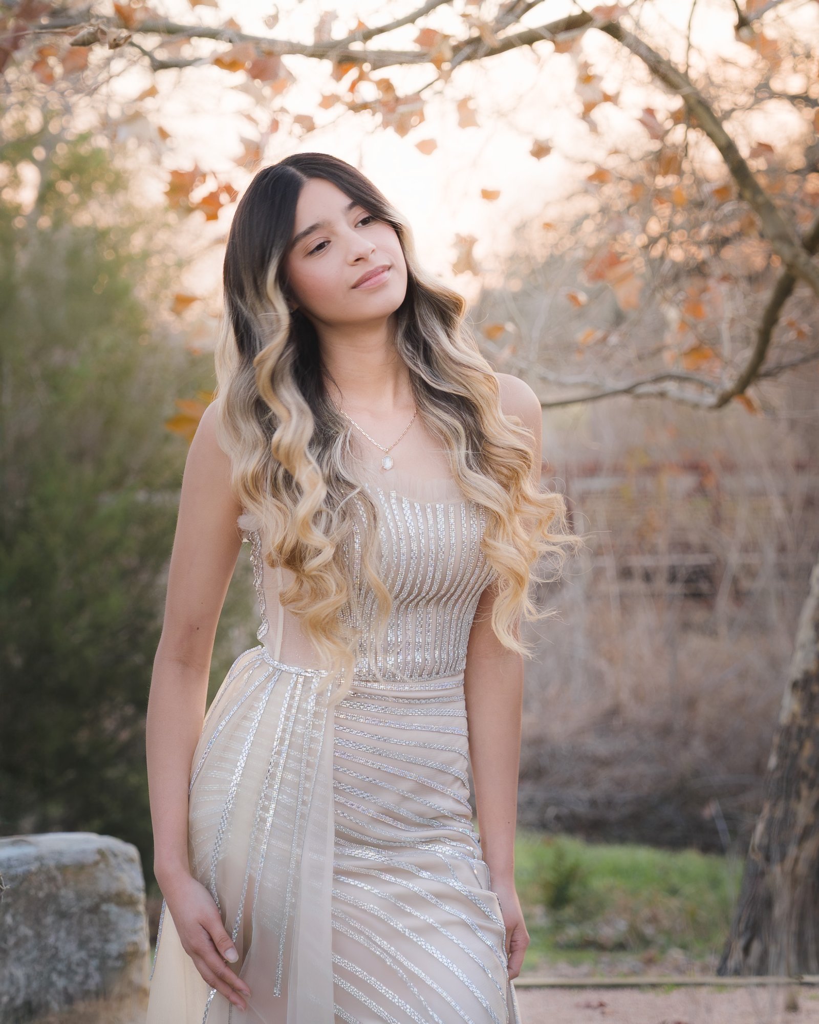 Teresa Vitela luxury senior session - painterly fine art portrait young woman beige gown glowing sunset sky soft bokeh pine tree background Texas A&M Gardens College Station Texas