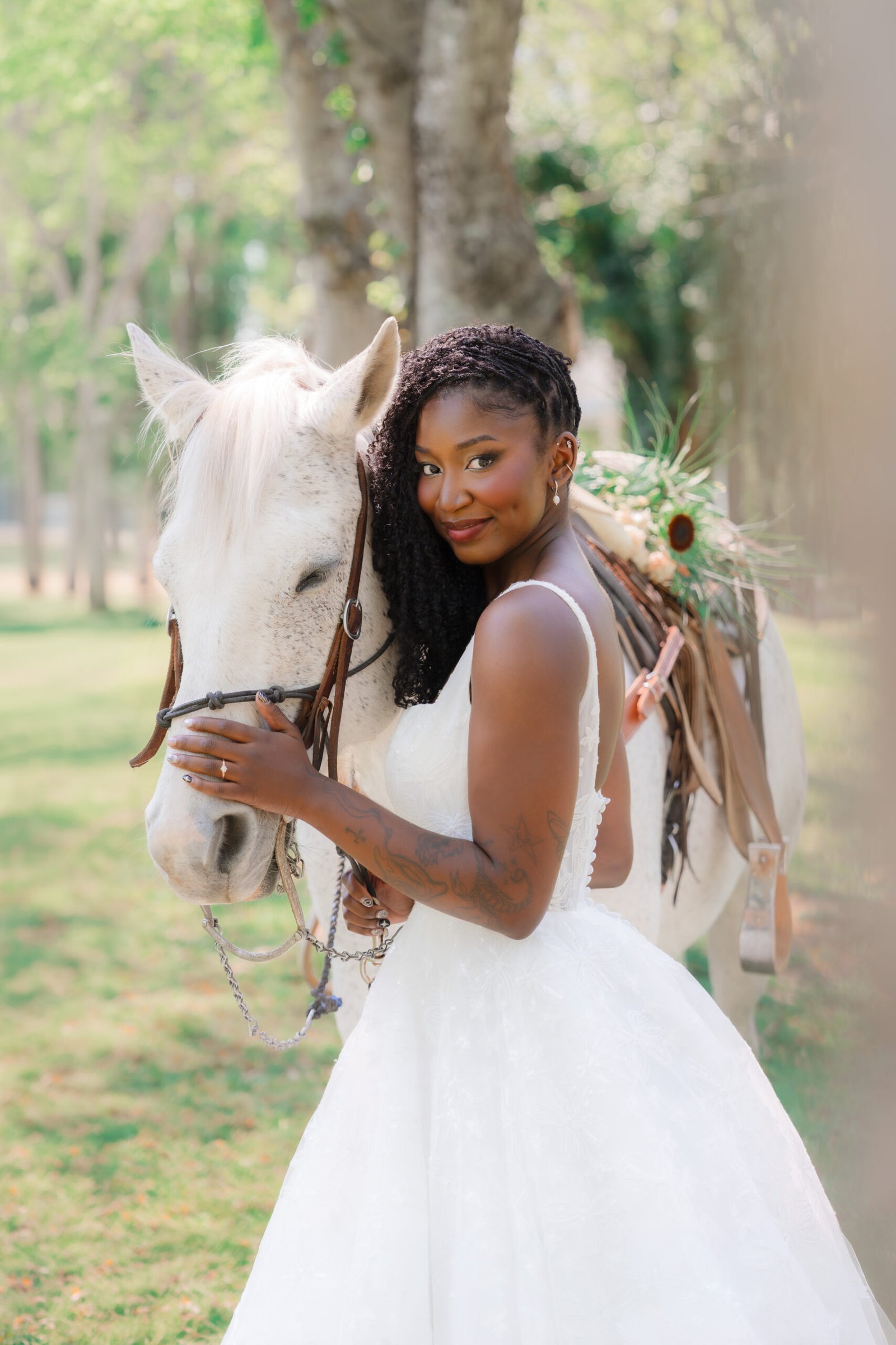 Bride with white horse in soft natural light — fine art bridal portrait by Teresa Vitela Photography Bryan College Station Texas