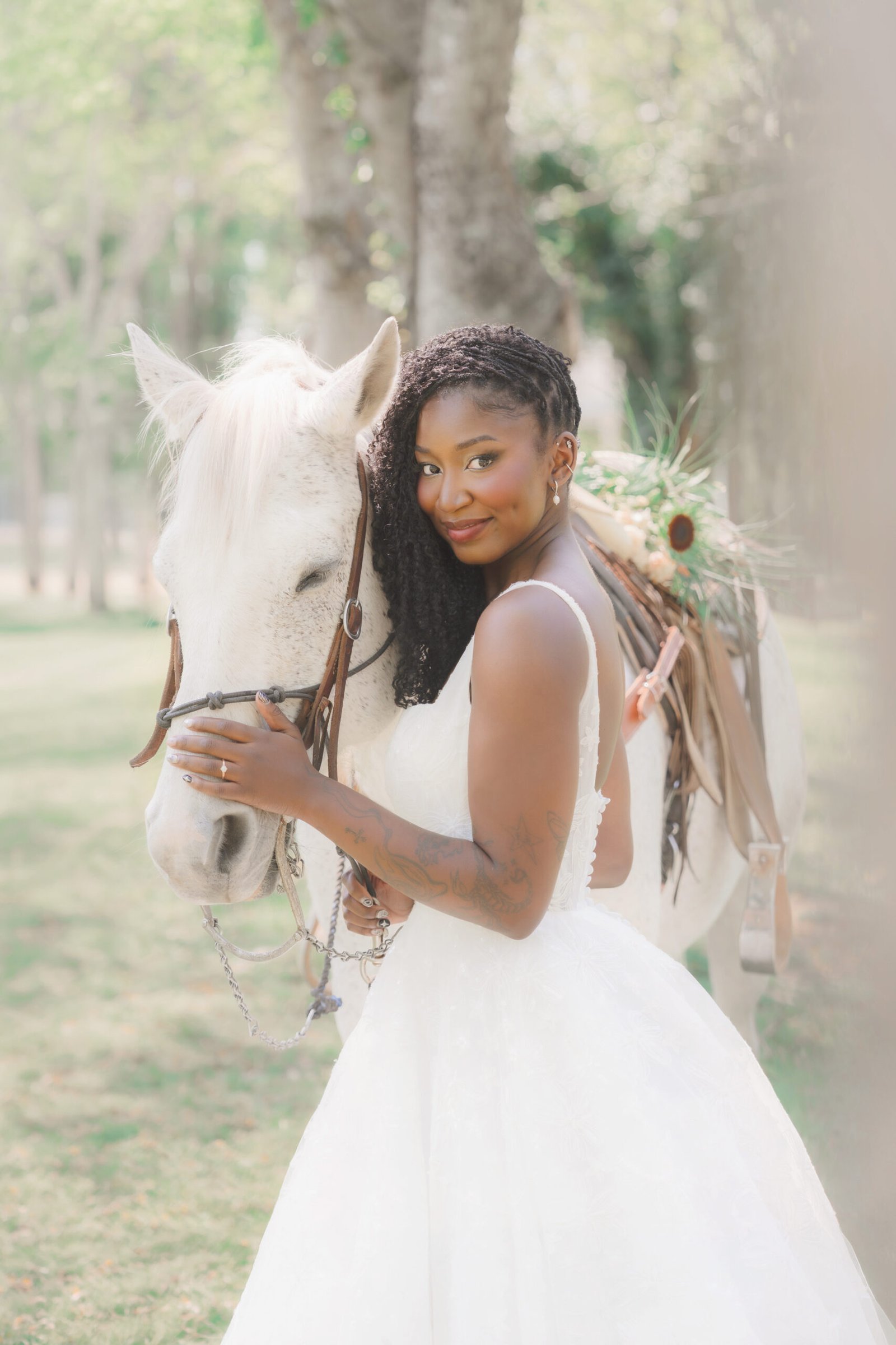 Bride with white horse in soft natural light — fine art bridal portrait by Teresa Vitela Photography Bryan College Station Texas